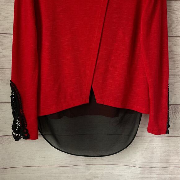 A. Byer Red and Black Blouse Split Back High Low Hem Lace Sleeve Size L - Picture 5 of 16